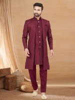 Maroon Art Silk Indo Western Readymade Indo Western Sherwani